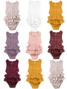 Retailwhole baby girl ruffle cotton linen vest romper dress kids onepiece onesies Jumpsuit 6 colors children design clothes2605011