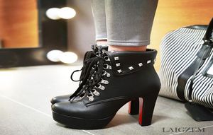 Laigzem Fashion Women Ankle Boots Heeled Waterproof Platform Boots Elegant Winter Studded Chunky Heels Botines Mujer Small Big Siz6339265