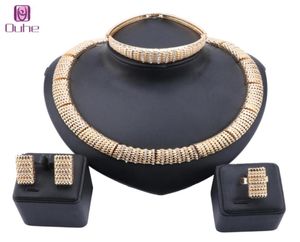 Kobiety moda ślubna Dubai Złota Zestaw biżuterii Kryształowy naszyjnik Pierścień Bransoletka Weddna Party Jewelrry Set6806416