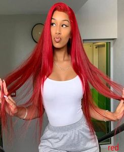 Cor vermelha 13x6 perucas de cabelo humano reto brasileiras 100 perucas de cabelo remy pré -arranhadas perucas de cabelo dianteiro para women7769532946374