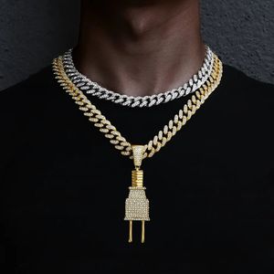 Mens Iced Out Plug Pendant Necklace Gold Silver Color Charm Micro Pave Full Rhinestone HipHop Jewelry A 240531