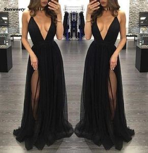 New High Side Split Tulle Prom Dresses Black Sexy Deep V Neck Long Women Skirts Formal Party Evening Gowns Vestidos de baile4508992