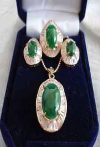 Emerald Green Jade 18KGP Cubic Zirconia Pendant Necklace Earrings Ring Set3640307