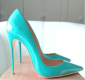 مصمم غير رسمي مكتب سيدة أزياء النساء أحذية حقيقية PO الفيروز براءات اختراع جلدية مدبب أخمص القدمين Stiletto Stripper High High Cheels Prom E1957820