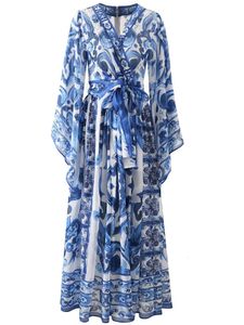 الجاريري الموضة مدرج الأزرق الأزرق الخزف الأزهار الفستان ماكسي للنساء الصيف الخريف الأكمام طويلة الأكمام فساتين الطباعة سيدة 240517