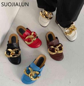 Suojialun Neues Markendesign Goldkette Frauen Slipper geschlossener Zeh -Schlupf auf Mules Schuhe runden Zehen Low Heels Freizeitrutschen Flip Flop C036104878