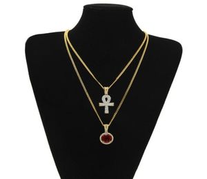Hip Hop Egyptian Ankh Key of Life necklaces Sets For Mens women Round Ruby Iced out Gold Silver pendant Cuban Chains Jewelry238r3022989