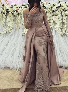 Sexy Arabic Evening Dresses Wear for Women Off the Shoulder Mermaid Long Sleeves Overskirts Lace Crystal Beaded Formal Prom Dress 4701260