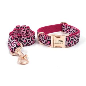 Personlig hundkrage Anpassade PET -krage Gratis gravering ID -namn Tagga Tillbehör Pink Leopardvalp Leash 240524