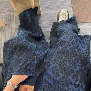 American style trendy blue leopard print jeans for women with wide legs design, trendy 2024 new straight leg mop pants