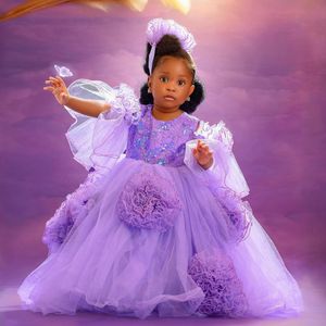 2024 Purple Little Girls Birthday Dress Flower Girl Dresses Communion Gowns Beaded Sequined Lace Tiered Tulle Hand Made Flowers Decorated Gowns for Marriage F138