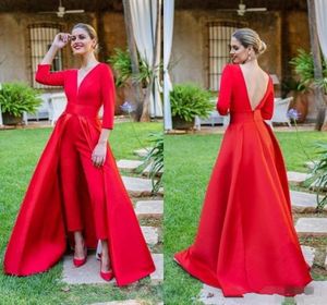 2019 New Red Jumpsuits Prom Dresses 34 Long Sleeves V Neck Formal Evening Party Gowns Cheap Special Occasion Pants PD601169235