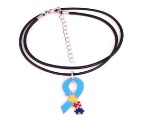 New Arrival Autism Awareness Identification Necklace Hope Puzzle Piece Pattern Enamel Ribbon Charm Pendant ID Necklace7800154