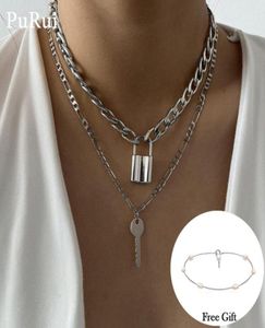 Kubansk länkkedja Choker -halsband Punk Multilayer Key Long Pendant Necklace For Women Gold Color Collar Jewlery12837923