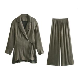 2024 Sommarprodukt Kvinnor Fashion Temperament Double Breasted Suit Jacket Wrinkle Effect Wide Leg Pants Casual Set 240529