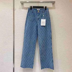 Kvinnors tvådelade byxor Designer 22 säsongsbetonad diamantplädad hög midja raka jeans med spetsar