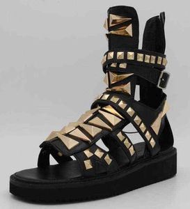 Mens Sandals Hollow Platform -nitar Punk Sandals äkta läder Summer Ankle Boots Plus Size Svart Sandaler H220415234758