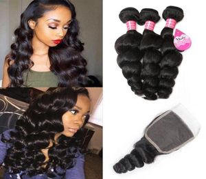 Meetu Peruvian Virgin Extensions Straight Brasilian Kinky Curly Human Hair Bunds With Stängning 3PC Body Water Loose Deep Wave For8819674