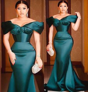 Elegant Dark Green Mermaid Evening Dresses Long Deep V Neck Off Shoulder Short Sleeves Pleats Floor Length Formal Dress Party Gown8945485