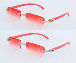 Luxury Moissanite Diamond Rimless Sunglasses for Women Original Red Wood Men Leopard lens Detachable Eyewear Large Red Wooden Glas7539153