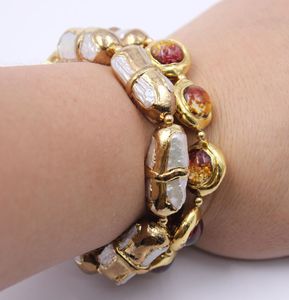 Guaiguai Biżuteria 2 rzędy Hodowlane słodkowodne biwa perłowa murano szklana bransoletka złota platowane cZ zamykanie ręcznie robione dla kobiet6865789