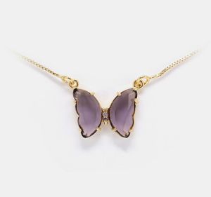豪華な宝石の女性ピンクの紫色のガラスバタフライデザイナーネックレス銅とゴールドメッキペンダントネックレスガールファッションSty6774763
