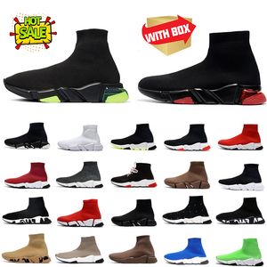 Designer Sock Shoes Män kvinnor Graffiti White Black Red Beige Pink Clear Sole Lace-Up Neon Yellow Socks Speed ​​Runner Trainers Flat Platform Sneakers Casual With Box