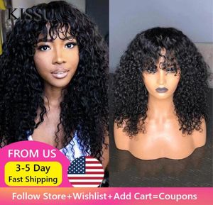 Machine Made Sew In Wig Human Hair Wig Malaysian Kinky Curly With Bang Natural Color For Women Glueless Wigs Long 3004852
