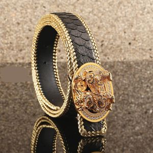 Imported python leather designer belt, Pixiu belt buckle, men's genuine leather handmade gold edged woven youth steel buckle with diamond inlaid belt