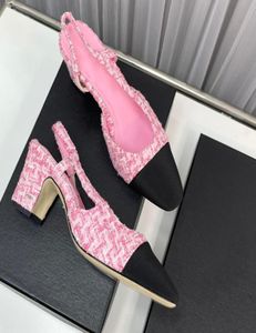 Womens Dress Shoes Chunky Heels 6cm Tweed Classic Pink Denim Slingbacks Sandals Square Toes Slip On Wedding Shoe Retro Slipper Lad6883267