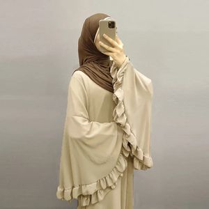 Dubai flödande abaya stor ruffle hylsa islamiska kläder muslimska kvinnor zip maxi klänning flare manschett blygsam blank mjuk sammet satin trasa 240529