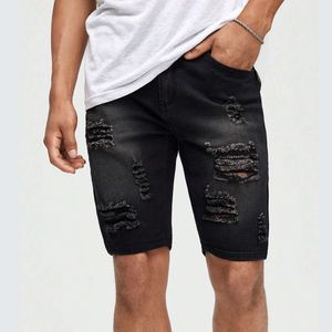 Cross border black denim shorts, men's casual capris, Korean version, trendy stretch slim fit, perforated pants, thin style