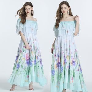 Summer Ruffle Maxi sukienka na ramiona Kwiatowa designerka Kobiety szyfonowy printed plażowy kurort długi sukienka boho panie slimwaistowe koktajle koktajlowe ubrania 2024