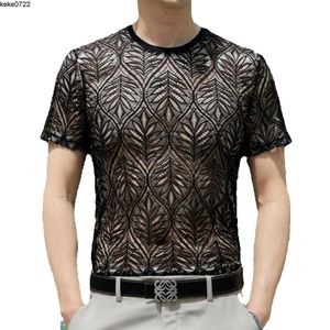 Summer Mens Short Sleeved T-Shirt With Crochet Hollow Ice Silk Base Round Neck Mesh Semi Transparent Korean Top Trendy Outfit