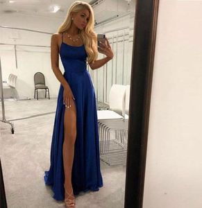Billiga satinklänning Spaghetti -remmar Prom -klänningar 2019 Royal Blue High Slit Evening Prom Dresses Long2131858