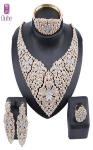 Nytt modebröllop smycken uttalande guldfärg kristall strass halsband örhängen armband ring brud smycken set4112673
