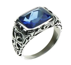 Real Pure 925 Sterling Silver Rings For Men Blue Natural Crystal Stone Mens Ring Vintage Hollow Engraved Flower Fine Jewelry Y18911178694