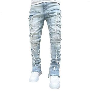 Mens Regular Fit staplade plåster Män oroliga förstörde rak denim byxor streetwear kläder casual jean svart vit lila för lila för män