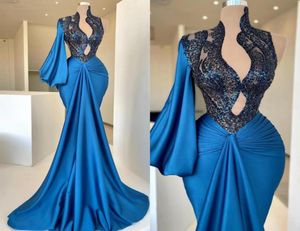 2022 Blue Mermaid Prom Dresses Sexig Deep Vneck långa ärmar Kvällsklänning Bridesmaid Formella klänningar Anpassade Made2310273