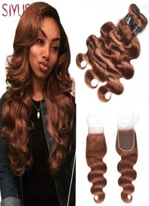 30 Light Auburn Brown Brazilian Hair Body Wave 34 Closure 9a 등급이 처리되지 않은 버진 브라질 인간 머리 직조 WI9384836