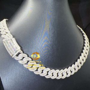 Recém -chegados de luxo Design exclusivo 925 Prata sólida 14 mm gelada fora Hip Hop VVS1 Baguete Moissanite Diamond Cuban Link Chain