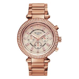 Stainless Steel Strap Lignt Luxury Elegant Womens Watches Perfect Moment Full Diamond Round Dial Quartz Rose Gold Hardlex Wrist Watch W 2633