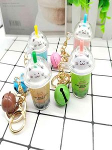 Keychains Net Red Cat Milk Tea Cup Bell Key Chain Car Bag Accessories Creative Pearl Small Gift5397124