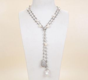 Guaiguai Jewelry White Keshi Pearl CZ Pave White Gold Long Chain Длинное ожерелье для женщин настоящие драгоценные камни Каменная леди модная ювелира6778272