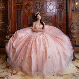 Pink Off The Shoulder Quinceanera Dresses Sweetheart Princess 3D Bow Lace Beads Tull Sweet 16 Dress Birthday vestidos de 15 anos