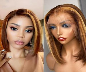 Highlight Wig 13x4 HD Transparent Straight Ombre Bob Wig Ombre Brown Honey Blonde Short Bob Lace Front Wig9041263