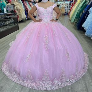 Pink Shiny Princess QuinCeanera Dresses Sequin Appliques spetspärlor Bollklänning födelsedagsklänning älskling Lace-up Sweet 16 Dress Robe