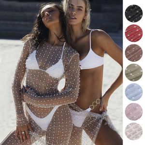 Women's Tanks Camis 2022 New Fashion Sexy Pin Bead Hot Diamond Cover Up Mesh Long Sleeve Dress