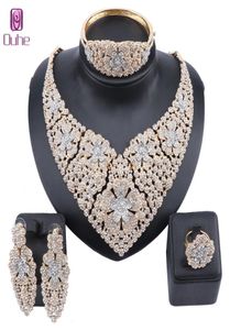 Nytt modebröllop smycken uttalande guldfärg kristall strass halsband örhängen armband ring brud smycken set2883018