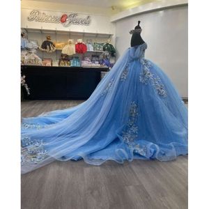 Sky Blue Off Shoulder Quinceanera Dresses Princess 3D Floral Applique Corset Vestidos De 15 Anos Con Mangas Sweet 16 0603